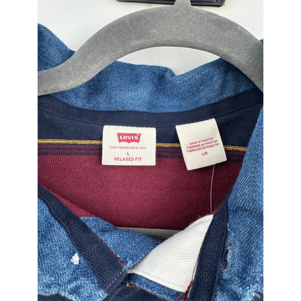 Levi's Preppy Rugby Polo Shirt Men Large Maroon Navy Striped Classic Varsity - Picture 6 of 9